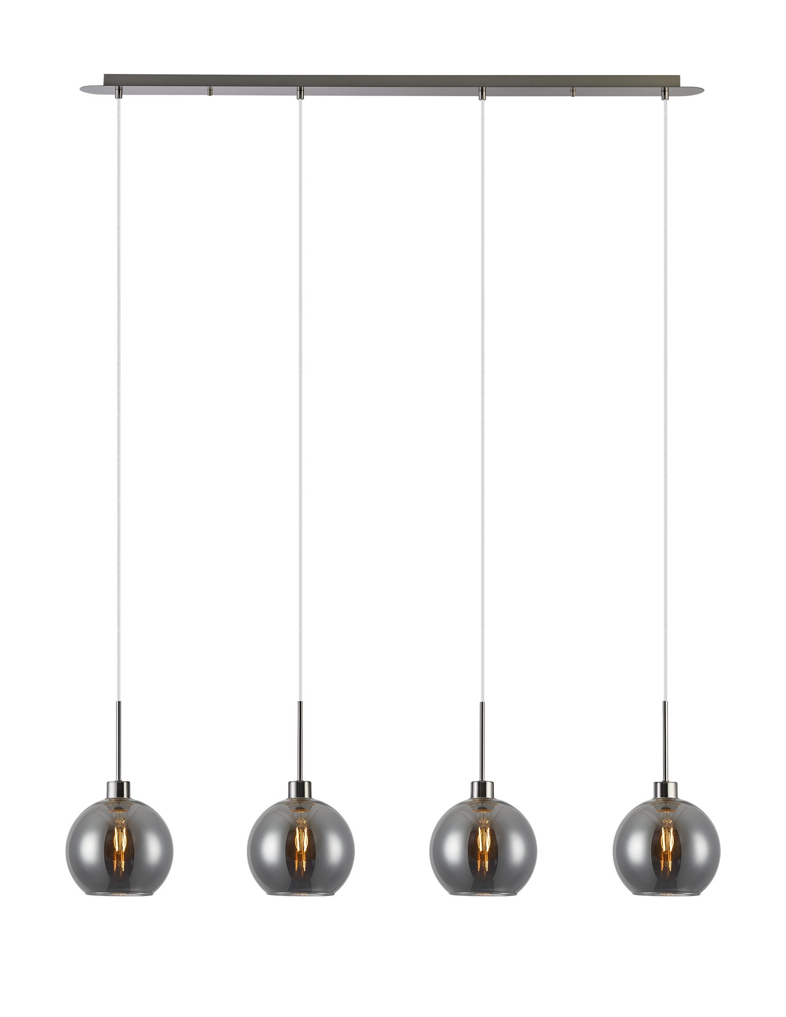DK1408  Lori Linear Pendant, 4 Light Adjustable E27, Satin Nickel/Smoke Open Mouth Round Globe Shades
